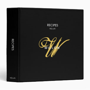 Modern Black & Gold Monogram Vintage Recipe Binder