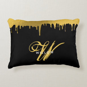 Modern Black & Gold Monogram Vintage Script Accent Pillow