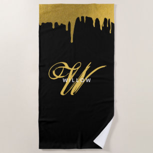 Modern Black & Gold Monogram Vintage Script   Beach Towel