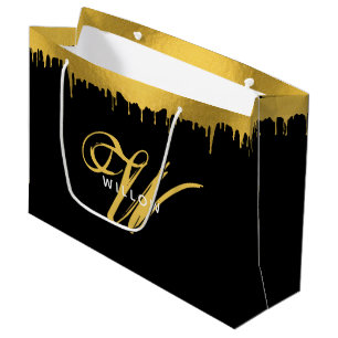 Modern Black & Gold Monogram Vintage Script  Large Gift Bag