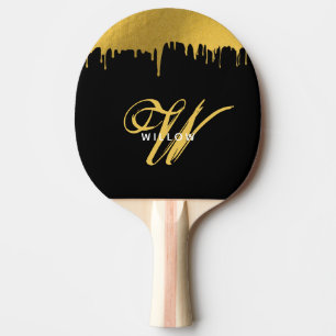 Modern Black & Gold Monogram Vintage Script Ping Pong Paddle