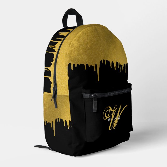Modern Black & Gold Monogram Vintage Script Printed Backpack (Back Corner Left)