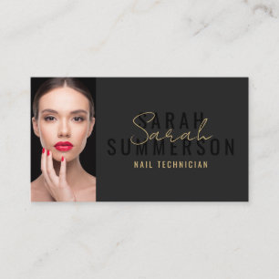 Modern Black Gold Nail Artist Salon Photo Business Card