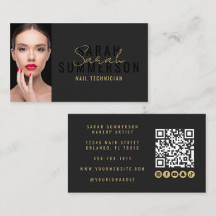 Modern Black Gold Nail Salon QR Code Photo Business Card