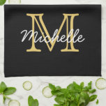 Modern Black Gold Personalized Name Monogrammed Kitchen Towel<br><div class="desc">Modern, minimalist black and gold custom personalized name and monogrammed kitchen towel. It features a monogram initial in serif style font and a pretty handwritten first name text template in yellow gold, white colour on black background. Great feminine, girly personalized gift. If you need help or matching items, please contact...</div>
