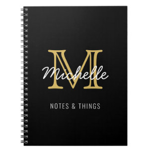 Modern Black Gold Personalized Name Monogrammed Notebook