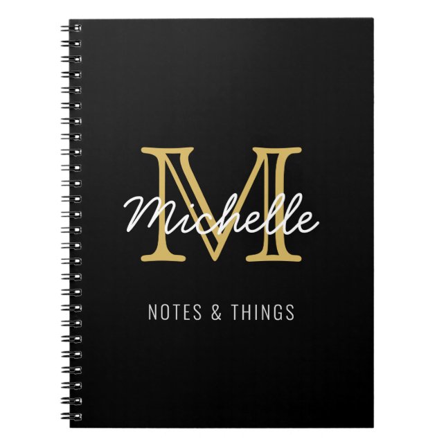 Modern Black Gold Personalized Name Monogrammed Notebook (Front)
