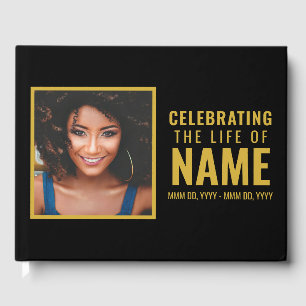 Modern Black Gold Photo Celebration of Life Guest Book