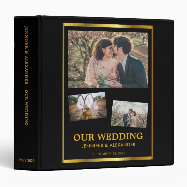 Modern black gold photo collage wedding album binder (Front/Spine)