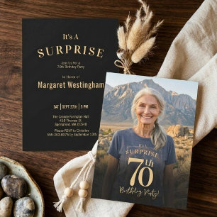 Modern Black Gold Photo Surprise 70th Birthday Invitation