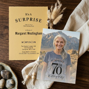 Modern Black Gold Photo Surprise 70th Birthday Invitation