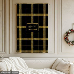 Modern Black Gold Plaid Custom Name Blanket