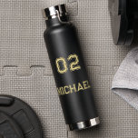 Modern Black Gold Player Name Jersey Number Sports Water Bottle<br><div class="desc">Create your own custom, personalized, cool, chic, modern, stylish faux gold typography / font / script, classy black, spill-proof, stainless steel, condensation-resistant exterior, monogrammed player name jersey number matte black durable double-wall Thor Copper Vacuum Insulated Bottle that keeps beverages hot for 12 hours or cold for 48 hours. Simply type...</div>