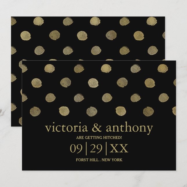 Modern Black & Gold Polka Dots Save The Date (Front/Back)