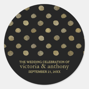 Modern Black & Gold Polka Dots Wedding favour Classic Round Sticker