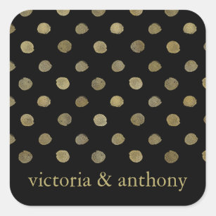 Modern Black & Gold Polka Dots Wedding Favour Square Sticker