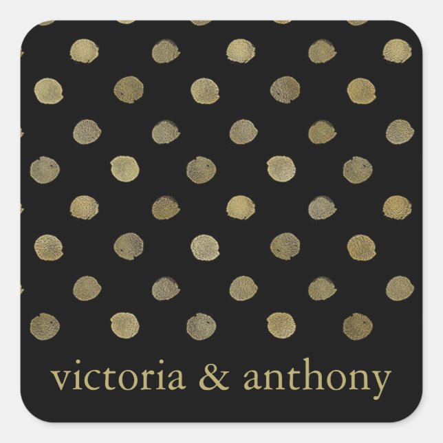Modern Black & Gold Polka Dots Wedding Favour Square Sticker (Front)