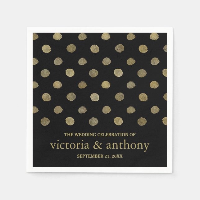 Modern Black & Gold Polka Dots Wedding Napkin (Front)