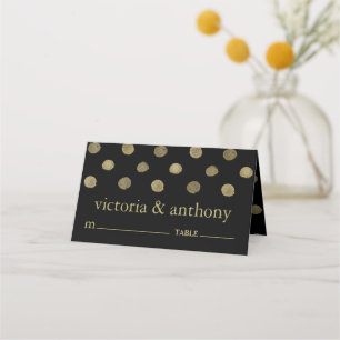 Modern Black & Gold Polka Dots Wedding Place Card