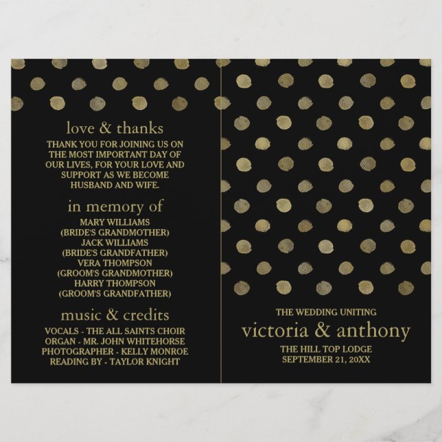 Modern Black & Gold Polka Dots Wedding Program (Front)