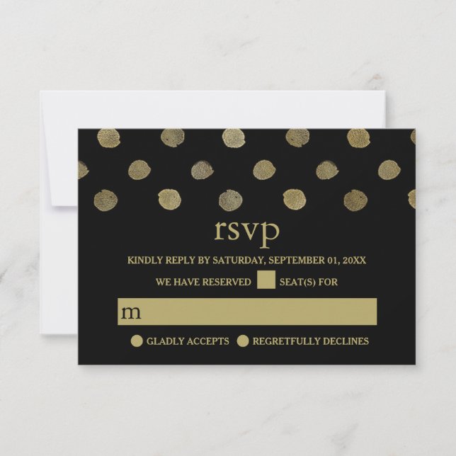Modern Black & Gold Polka Dots Wedding RSVP Card (Front)