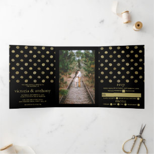 Modern Black & Gold Polka Dots Wedding Suite Tri-Fold Invitation
