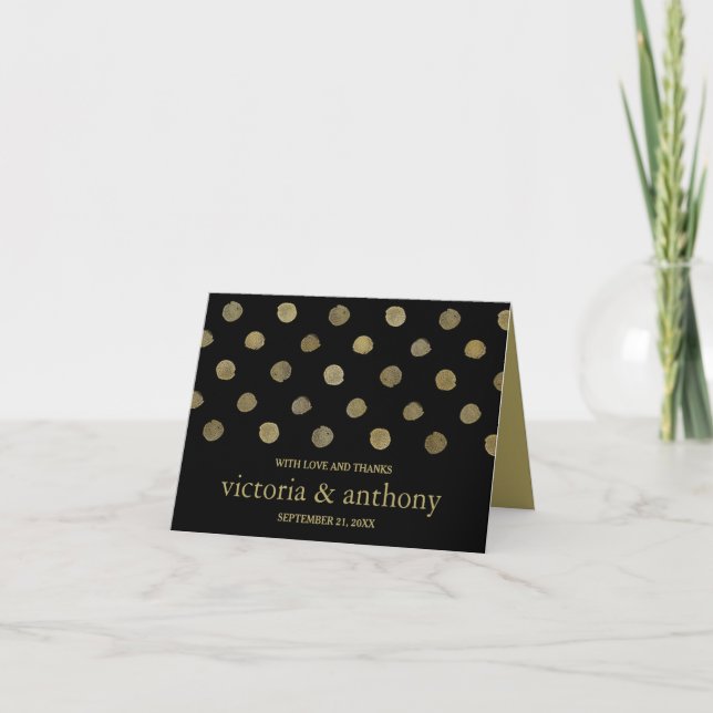Modern Black & Gold Polka Dots Wedding Thank You Card (Front)