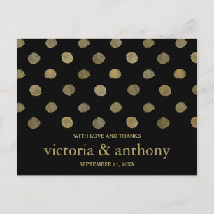 Modern Black & Gold Polka Dots Wedding Thank You Postcard