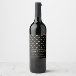 Modern Black & Gold Polka Dots Wedding Wine Label