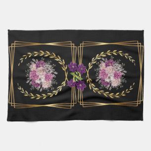Modern Black Gold Purple Floral Trendy Boho Towel