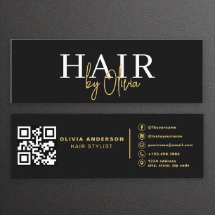Modern Black Gold QR Code Hair Stylist Typography  Mini Business Card