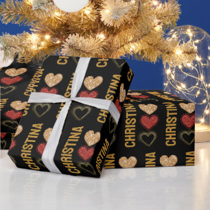 Modern Black Gold & Red Hearts Name Valentines Day Wrapping Paper