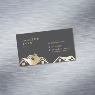 Modern Black & Gold Roofing Construction Repair Magnetic Business Card