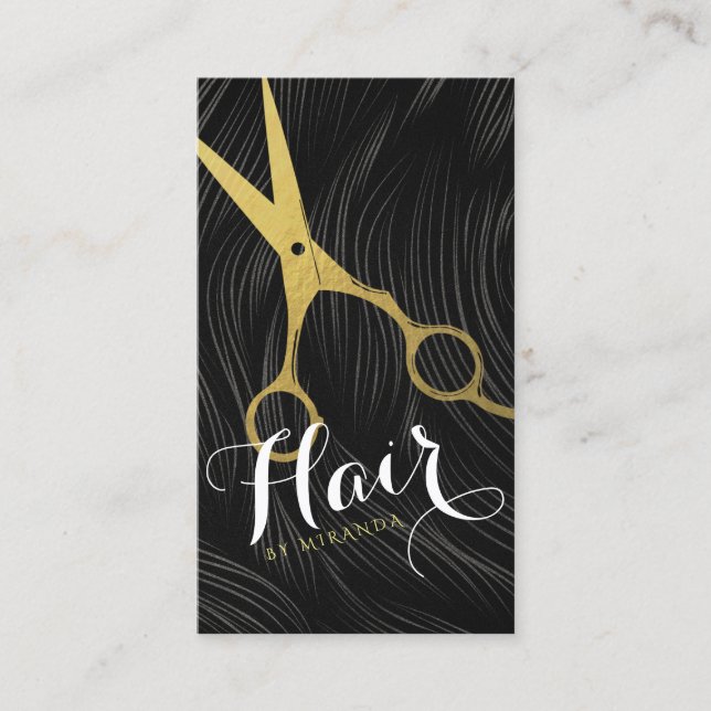 Modern Black Gold Scissors Hair Salon Hairstylist Appointment Card (Front)