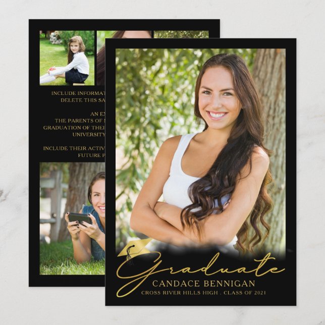 Modern Black Gold Script 5 Photo Graduation Announcement (Front/Back)