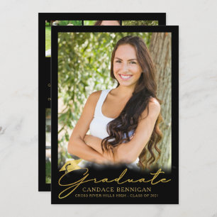 Modern Black Gold Script 5 Photo Graduation Announcement
