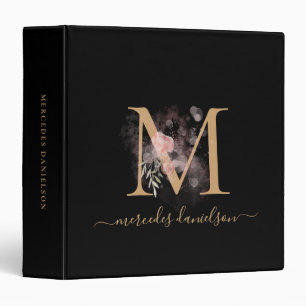 Modern Black Gold Script Botanical Floral Monogram Binder