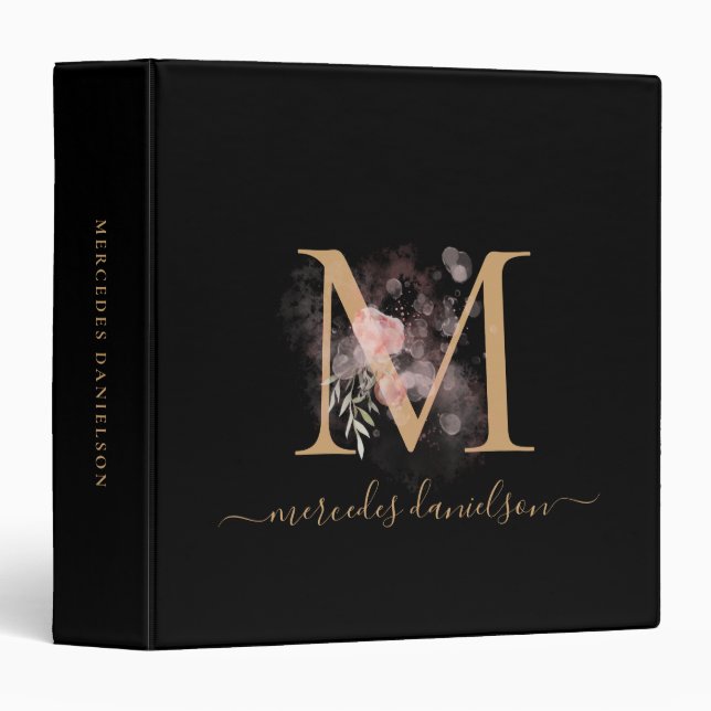 Modern Black Gold Script Botanical Floral Monogram Binder (Front/Spine)
