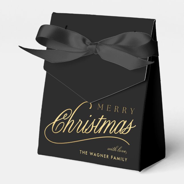 Modern Black & Gold Script Merry Christmas Favor Box (Front Side)