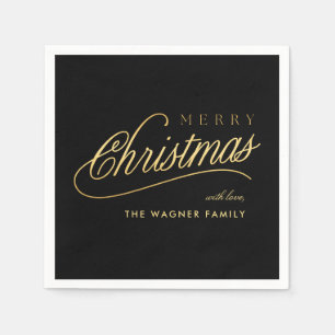 Modern Black & Gold Script Merry Christmas Napkin