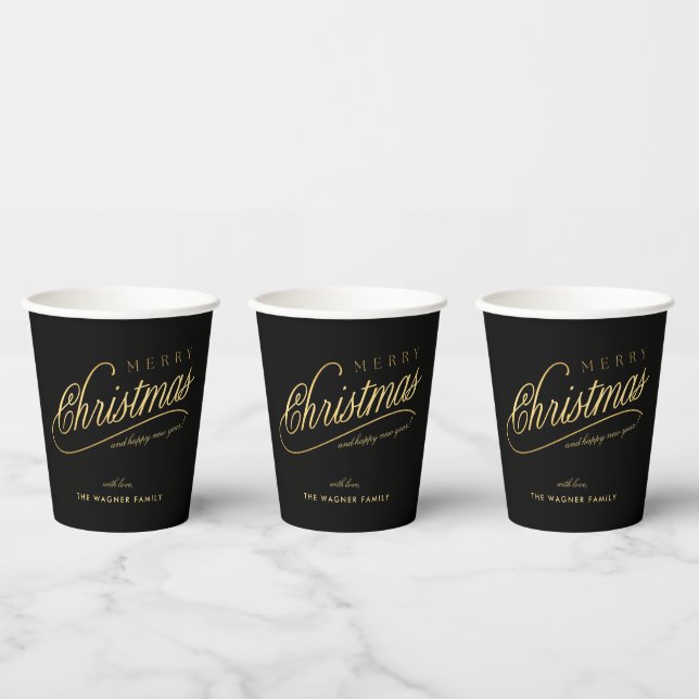 Modern Black & Gold Script Merry Christmas Paper Cups (Multi)