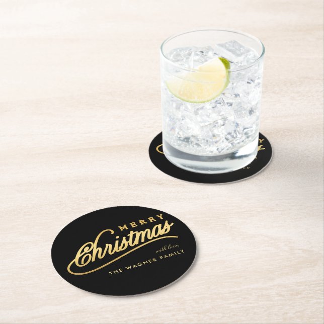 Modern Black & Gold Script Merry Christmas Round Paper Coaster (Insitu)