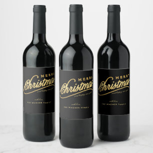 Modern Black & Gold Script Merry Christmas Wine Label