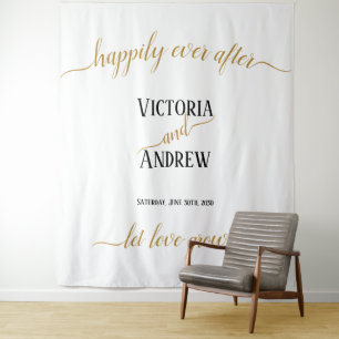 Modern Black Gold Script Minimal Wedding Tapestry