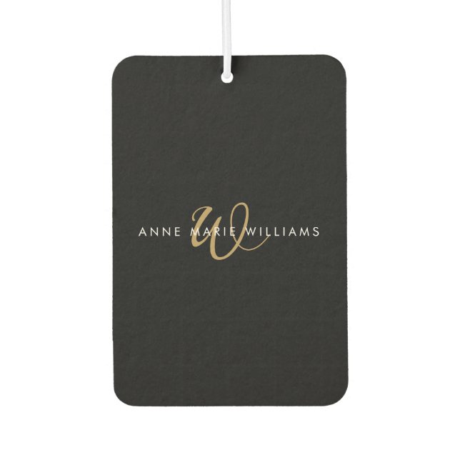 Modern Black Gold Script Monogram Air Freshener (Front)