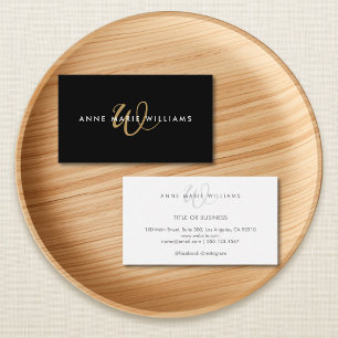 Modern Black Gold Script Monogram Business Card