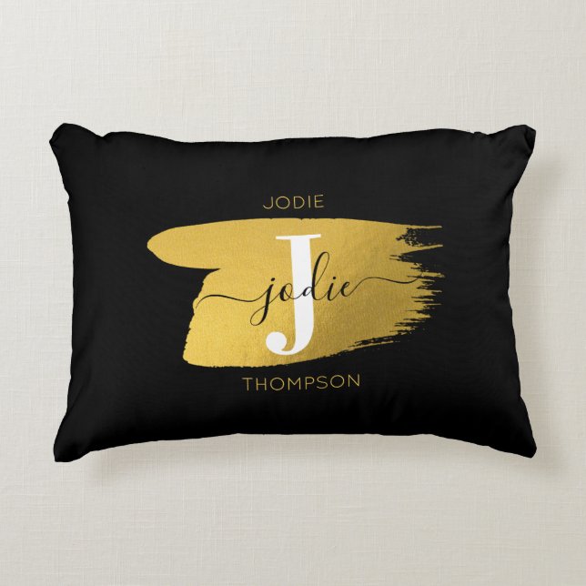 Modern Black & Gold Script Monogram Initial Accent Pillow (Front)