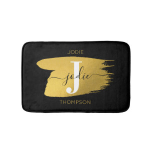 Modern Black & Gold Script Monogram Initial Bath Mat