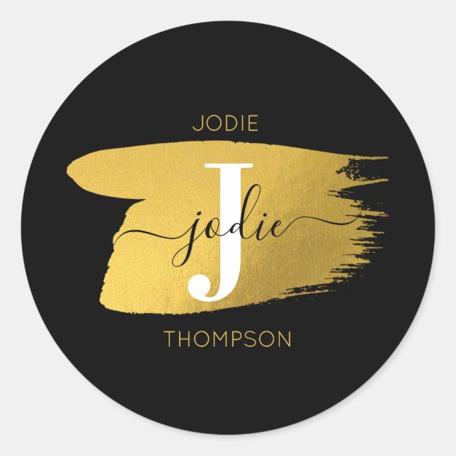 Modern Black & Gold Script Monogram Initial Classic Round Sticker (Front)