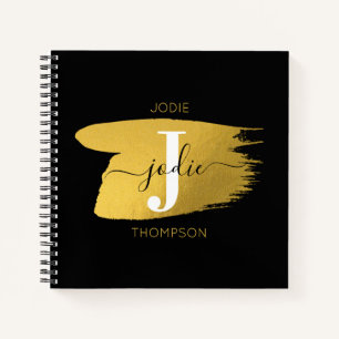 Modern Black & Gold Script Monogram Initial Notebook